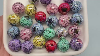 Halloween Iridescent Beads, 16mm Spiderweb Prints, Chunky Beads for DIY Jewelry, Spooky Crafts, Halloween Decorations