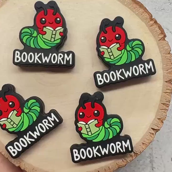Bookworm Focal Beads, Silicone Book Lover Beads, Chunky Silicone Beads for Jewelry Making, Loose Beads for Bracelets, Reading Themed Beads