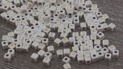 White and Gold Cube Alphabet Letter Beads, Gold Acrylic Letter Beads, Plastic Letter Beads, Acrylic Square Name Beads, Size 4.8mm #933