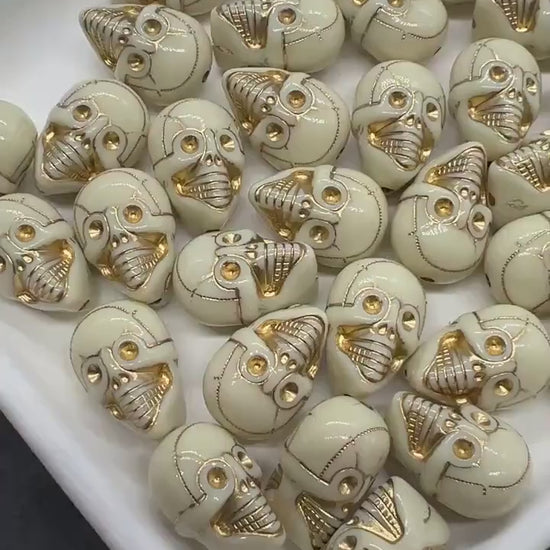 Gold Skull Beads, Ivory Acrylic Skeleton Beads with Metallic Gold Detailing for Halloween Jewelry, Spooky Craft Supplies #3875