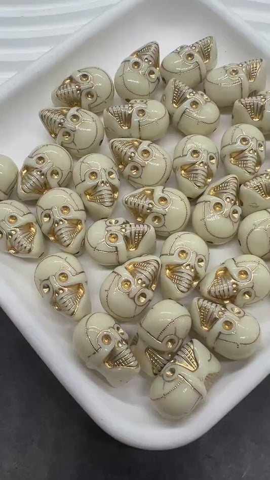 Gold Skull Beads, Ivory Acrylic Skeleton Beads with Metallic Gold Detailing for Halloween Jewelry, Spooky Craft Supplies #3875