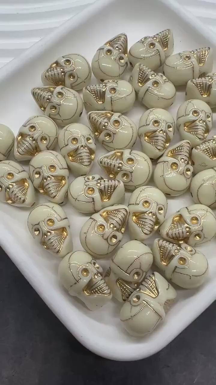 Gold Skull Beads, Ivory Acrylic Skeleton Beads with Metallic Gold Detailing for Halloween Jewelry, Spooky Craft Supplies #3875