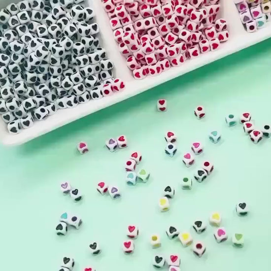 Cube Heart Beads, 5mm Square Heart Beads, Plastic Heart Beads in Black, Red, Mixed Colors, Jewelry Making Supplies for Bracelets Keychains
