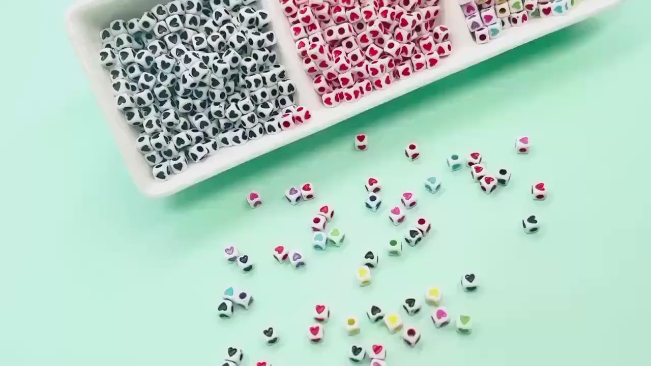 Cube Heart Beads, 5mm Square Heart Beads, Plastic Heart Beads in Black, Red, Mixed Colors, Jewelry Making Supplies for Bracelets Keychains