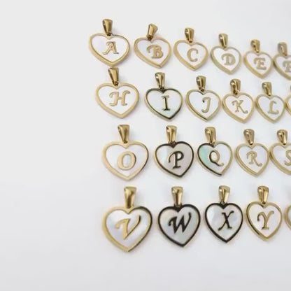 Natural Shell Initial Pendant, Gold Stainless Steel Heart Letter Charm, A-Z Alphabet Pendant for Jewelry Making