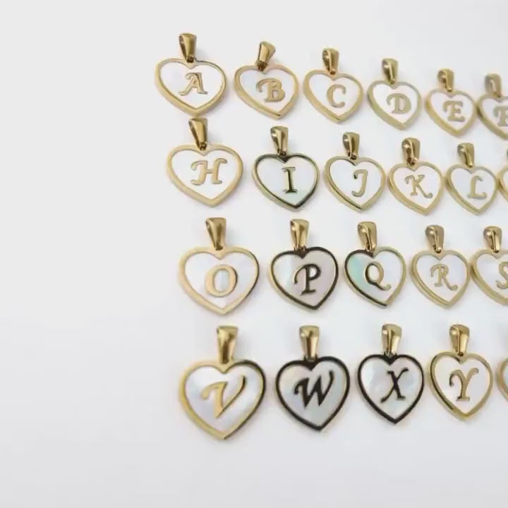 Natural Shell Initial Pendant, Gold Stainless Steel Heart Letter Charm, A-Z Alphabet Pendant for Jewelry Making