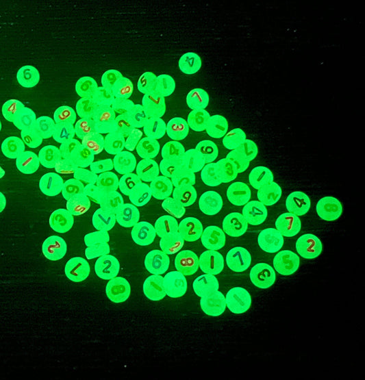 multicolor glow 7 mm flat round acrylic number beads, mixed; glow in the dark number beads