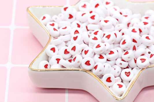 Heart Beads, Acrylic Heart Beads, Red and White Heart Beads, Acrylic Symbol Beads, Size 7mm #111