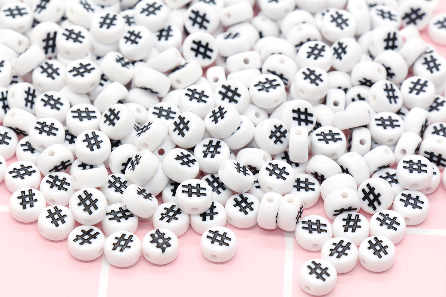 Acrylic # Hashtag Beads, Plastic White Beads with Black Hashtag Symbols, Flat Round Acrylic Beads, # Symbol Beads, Size 7mm #108