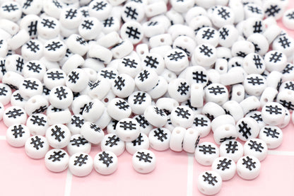 Acrylic # Hashtag Beads, Plastic White Beads with Black Hashtag Symbols, Flat Round Acrylic Beads, # Symbol Beads, Size 7mm #108