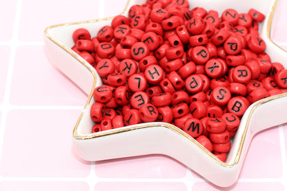 Red Alphabet Letter Beads, Acrylic Red and Black Letters Beads, Round Acrylic Beads, ABC Letter Beads, Name Beads 7mm #45