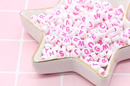 Pink Alphabet Letter Beads, Acrylic White and Pink Letters Beads, Round Acrylic Beads, Plastic Round Letter Beads, 7mm #84