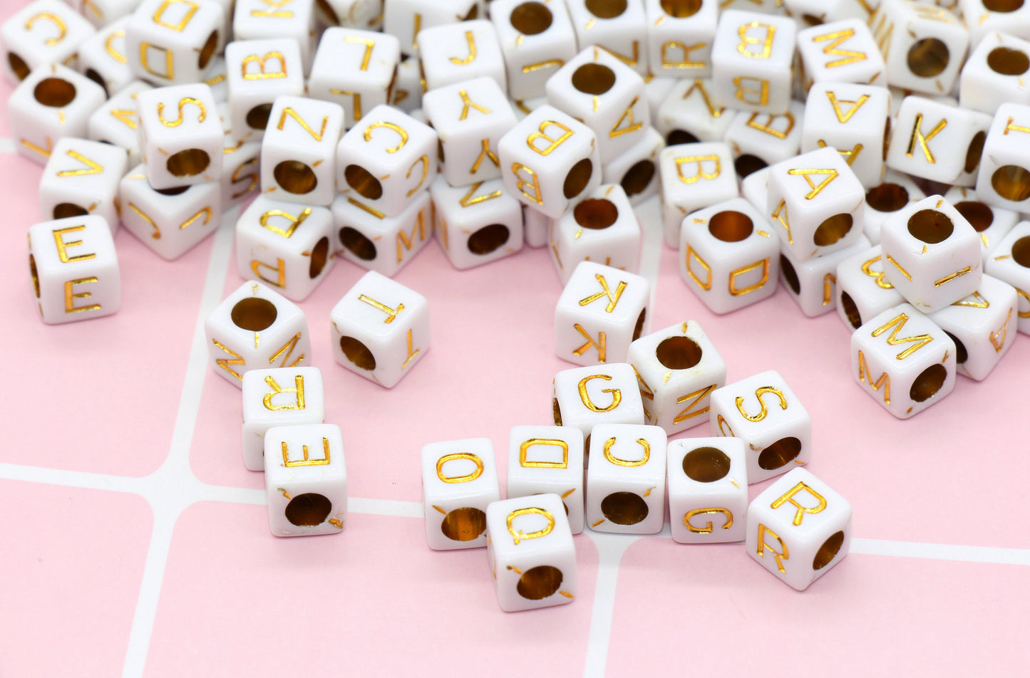 White and Gold Cube Alphabet Letter Beads, Gold Acrylic Letter Beads, Plastic Letter Beads, Acrylic Square Name Beads, Size 6mm #61