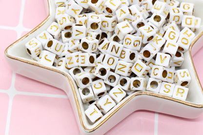 White and Gold Cube Alphabet Letter Beads, Gold Acrylic Letter Beads, Plastic Letter Beads, Acrylic Square Name Beads, Size 6mm #61