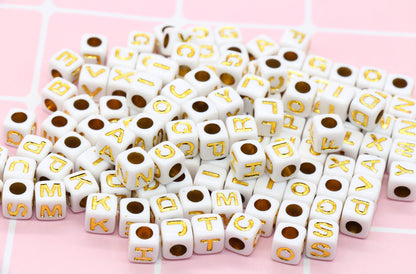 White and Gold Cube Alphabet Letter Beads, Mixed Gold Acrylic Letter Beads, Plastic Letter Beads, Acrylic Square Name Beads, Size 7mm #71