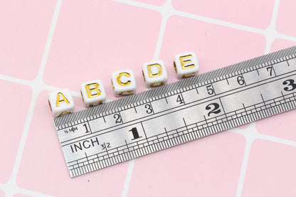 White and Gold Cube Alphabet Letter Beads, Mixed Gold Acrylic Letter Beads, Plastic Letter Beads, Acrylic Square Name Beads, Size 7mm #71