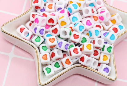 Multicolor Heart Cube Beads, White Acrylic Cube Beads, Mixed Colors Cube Square Heart Beads, Size 7mm #116