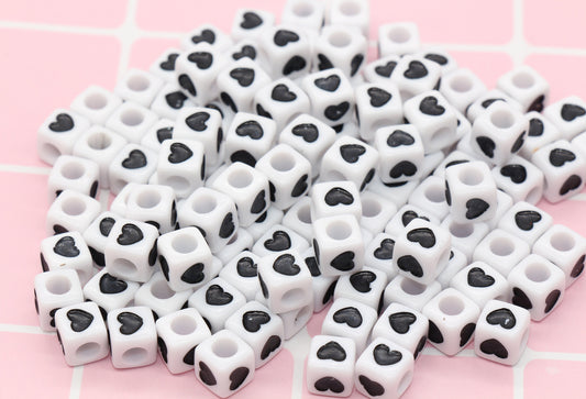 Black and White Heart Cube Beads, Acrylic Heart Cube Beads, Heart Square Beads, Size 7mm #115