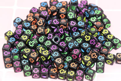 Multicolor Cross Cube Beads, Acrylic Black Cross Beads, Mix Color Cross Square Beads, Plastic Cross Beads, Size 6mm #197