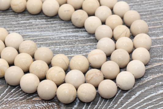 White Fossil Stone Beads, Natural Smooth Gemstone Round Beads, Sizes 4mm 6mm 8mm 10mm 12mm, Full Strand 15.5" #12
