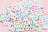 7 mm flat round acrylic number beads on white base, multicolor numbers; white beads with mix color numbers