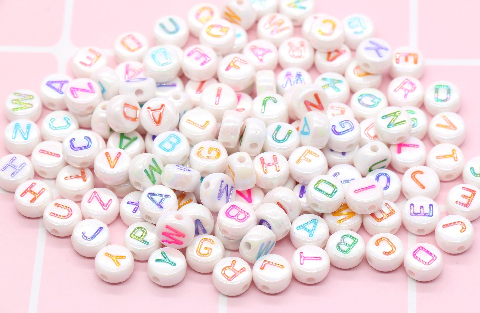 AB Multicolor Alphabet Letter Beads, Mixed Acrylic Letter Beads, White Round Acrylic Beads, Plastic Name Beads 7mm #32