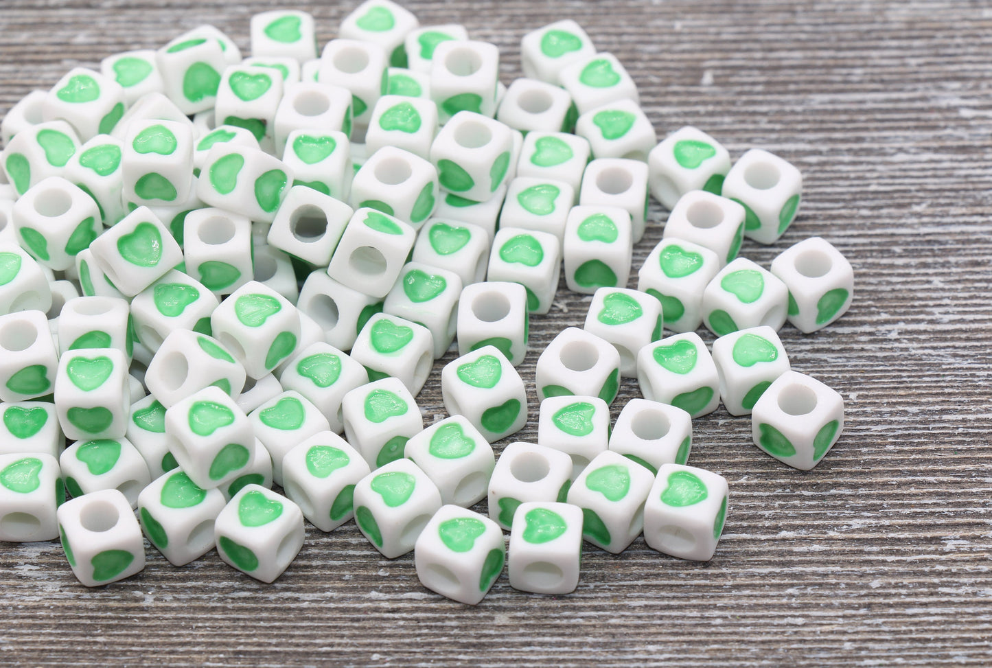 Green Heart Cube Beads, Green and White Acrylic Heart Cube Beads, Heart Square Beads, Size 7mm #168