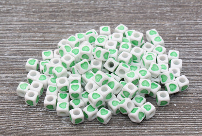 Green Heart Cube Beads, Green and White Acrylic Heart Cube Beads, Heart Square Beads, Size 7mm #168