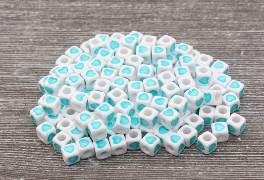 Baby Blue Heart Cube Beads, Blue and White Acrylic Heart Cube Beads, Heart Square Beads, Size 7mm #173