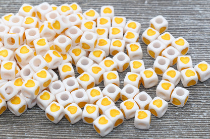 Yellow Heart Cube Beads, Yellow and White Acrylic Heart Cube Beads, Heart Square Beads, Size 7mm #171