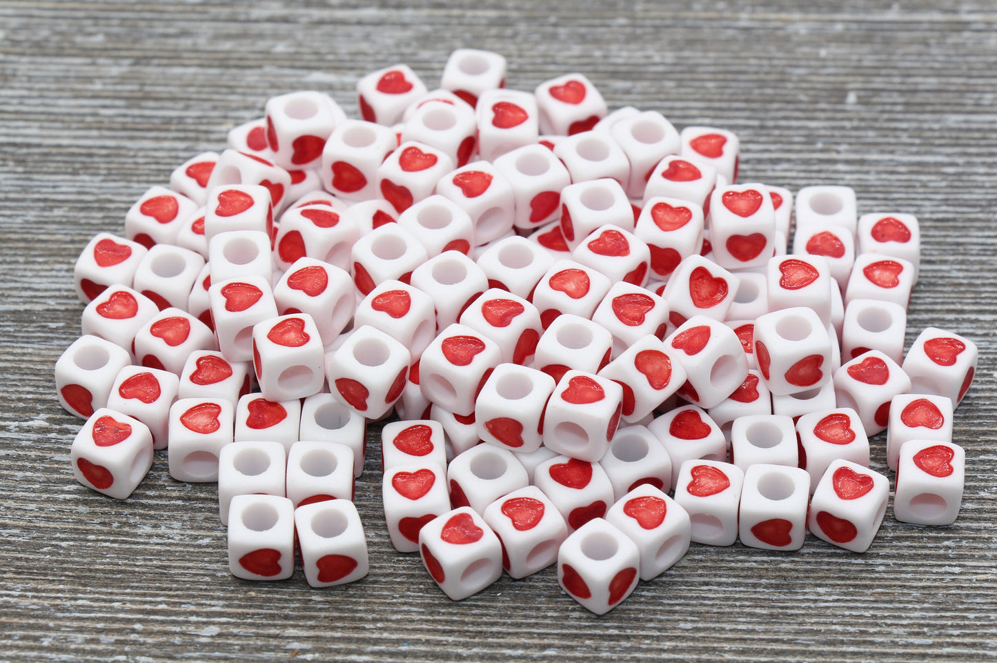 Red Heart Cube Beads, White Beads with Red Hearts, Heart Square Beads, Size 7mm #172