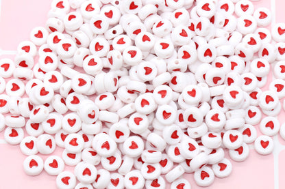 Heart Beads, Acrylic Heart Beads, Red and White Heart Beads, Acrylic Symbol Beads, Size 7mm #111