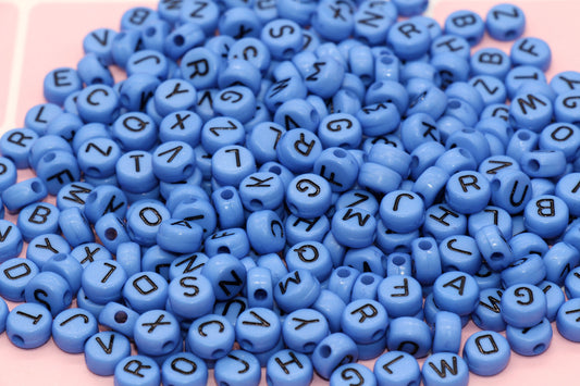 Blue Alphabet Letter Beads, Acrylic Blue and Black Letters Beads, Round Acrylic Beads, ABC Letter Beads, Name Beads 7mm #10