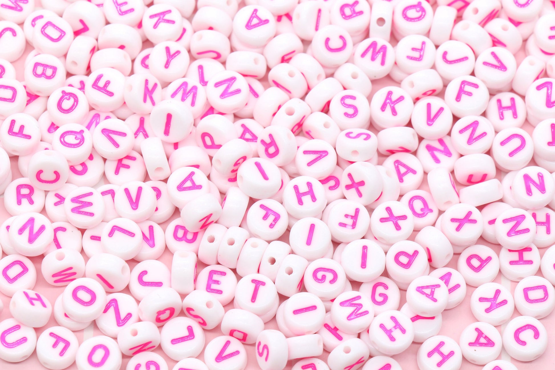 Pink Alphabet Letter Beads, Acrylic White and Pink Letters Beads, Round Acrylic Beads, Plastic Round Letter Beads, 7mm #84