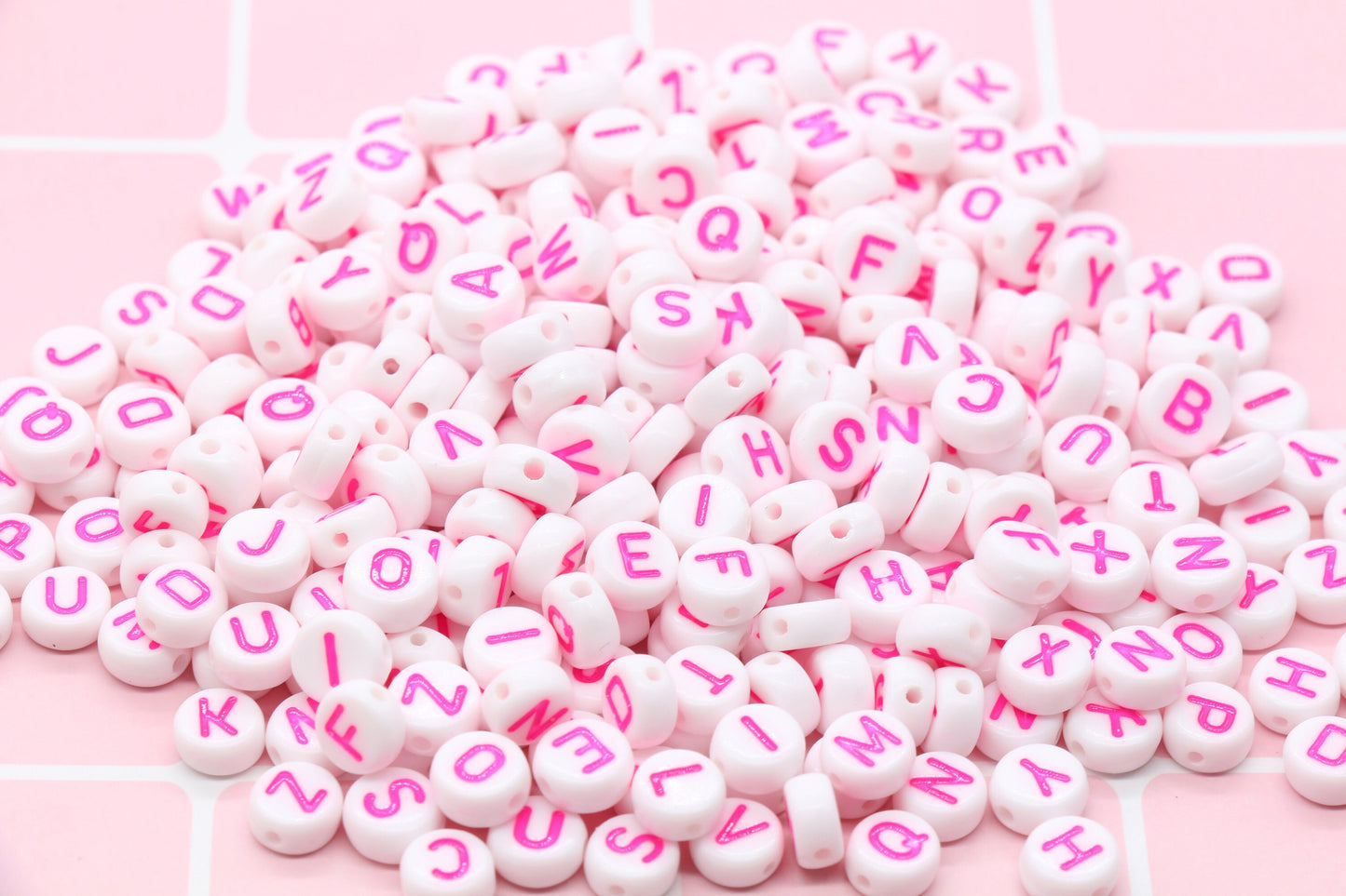 Pink Alphabet Letter Beads, Acrylic White and Pink Letters Beads, Round Acrylic Beads, Plastic Round Letter Beads, 7mm #84