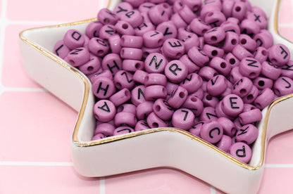 Purple Alphabet Letter Beads, Acrylic Purple and Black Letters Beads, Round Acrylic Beads, ABC Letter Beads, Name Beads 7mm #7