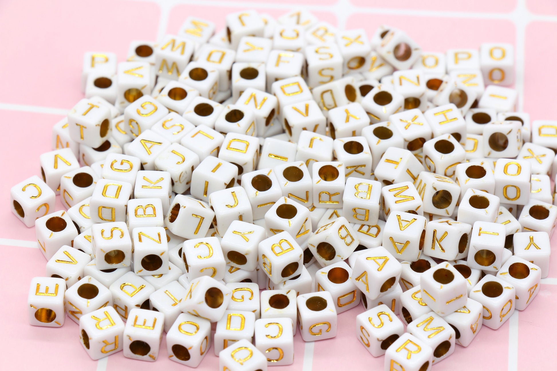 White and Gold Cube Alphabet Letter Beads, Gold Acrylic Letter Beads, Plastic Letter Beads, Acrylic Square Name Beads, Size 6mm #61