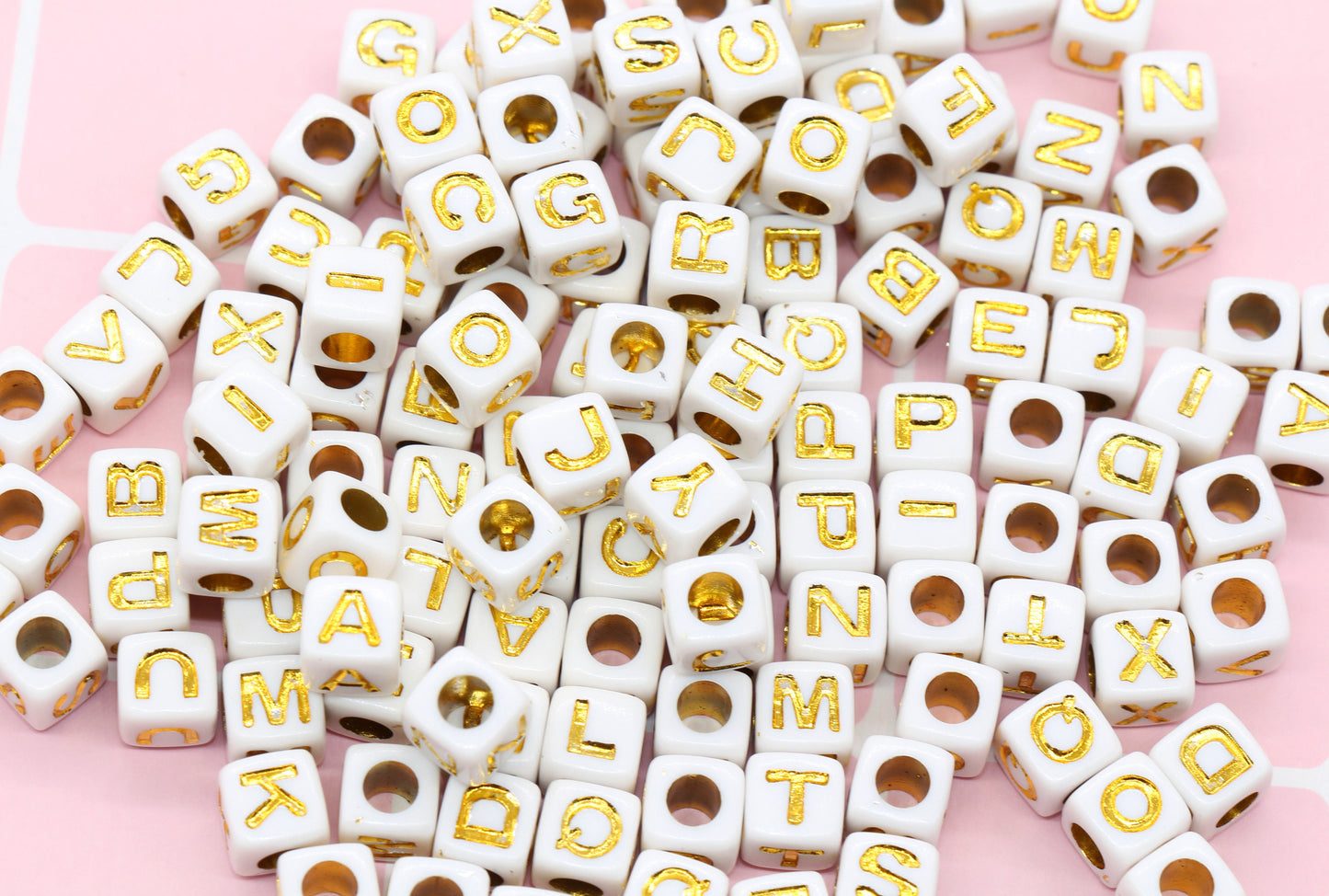 White and Gold Cube Alphabet Letter Beads, Mixed Gold Acrylic Letter Beads, Plastic Letter Beads, Acrylic Square Name Beads, Size 7mm #71