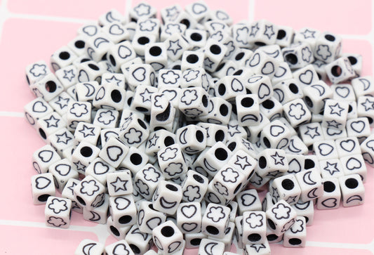 Black and White Symbol Cube Beads, Moon Heart Flower and Star Symbols Acrylic Cube Beads, Acrylic Square Beads, Size 6mm #201