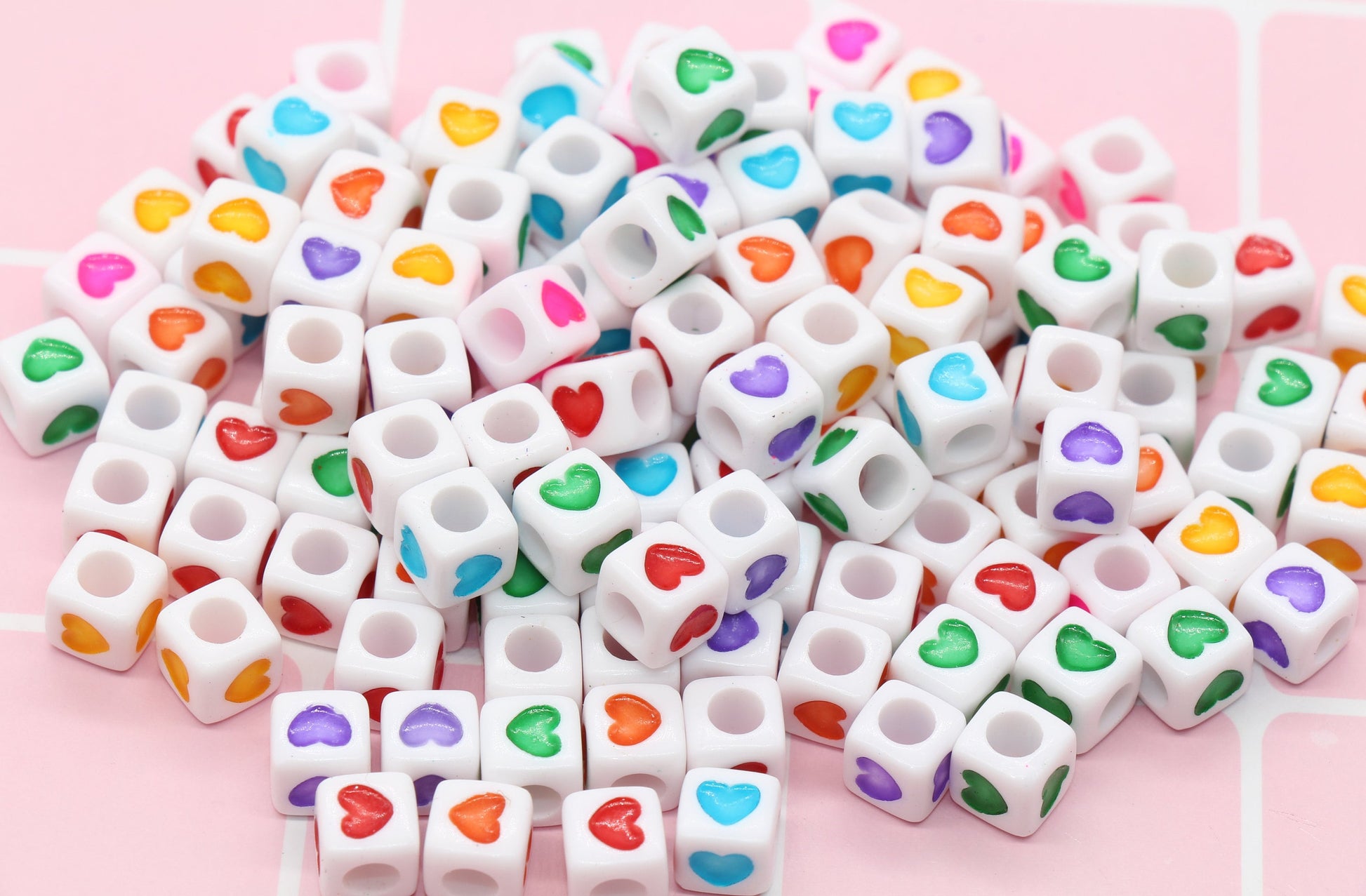 Multicolor Heart Cube Beads, White Acrylic Cube Beads, Mixed Colors Cube Square Heart Beads, Size 7mm #116