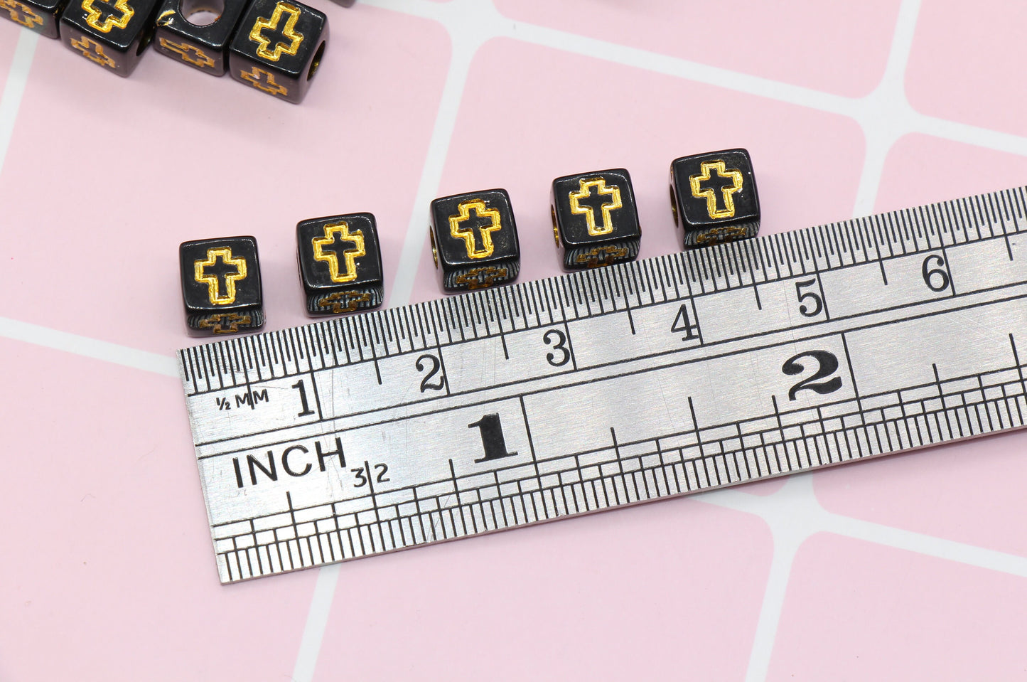 Gold Cross Cube Beads, Acrylic Black Cross Beads, Plastic Cross Square Beads, Size 6mm #200