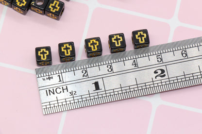 Gold Cross Cube Beads, Acrylic Black Cross Beads, Plastic Cross Square Beads, Size 6mm #200