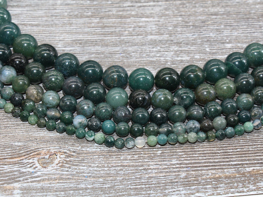 Moss Agate Beads, Natural Gemstone Round Loos Beads, Sizes 4mm 6mm 8mm 10mm 12mm, Full Strand 15.5 inch, #6