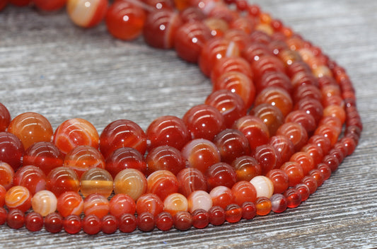 Red Stripe Agate Beads, Natural Gemstone Smooth Round Beads, Sizes 4mm 6mm 8mm 10mm 12mm, Full Strand 15.5 inch, #34