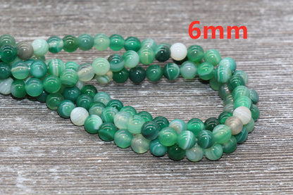 Green Stripe Agate Beads, Natural Gemstone Smooth Round Beads, Sizes 4mm 6mm 8mm 10mm 12mm, Full Strand 15.5 inch, #32