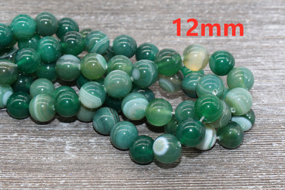 Green Stripe Agate Beads, Natural Gemstone Smooth Round Beads, Sizes 4mm 6mm 8mm 10mm 12mm, Full Strand 15.5 inch, #32