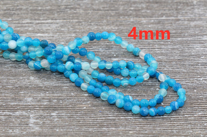 Blue Stripe Agate Beads, Natural Gemstone Smooth Round Beads, Sizes 4mm 6mm 8mm 10mm 12mm, Full Strand 15.5 inch, #38