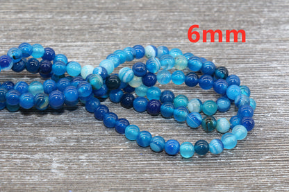 Blue Stripe Agate Beads, Natural Gemstone Smooth Round Beads, Sizes 4mm 6mm 8mm 10mm 12mm, Full Strand 15.5 inch, #38