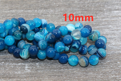Blue Stripe Agate Beads, Natural Gemstone Smooth Round Beads, Sizes 4mm 6mm 8mm 10mm 12mm, Full Strand 15.5 inch, #38