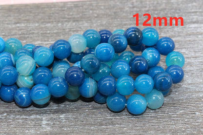 Blue Stripe Agate Beads, Natural Gemstone Smooth Round Beads, Sizes 4mm 6mm 8mm 10mm 12mm, Full Strand 15.5 inch, #38